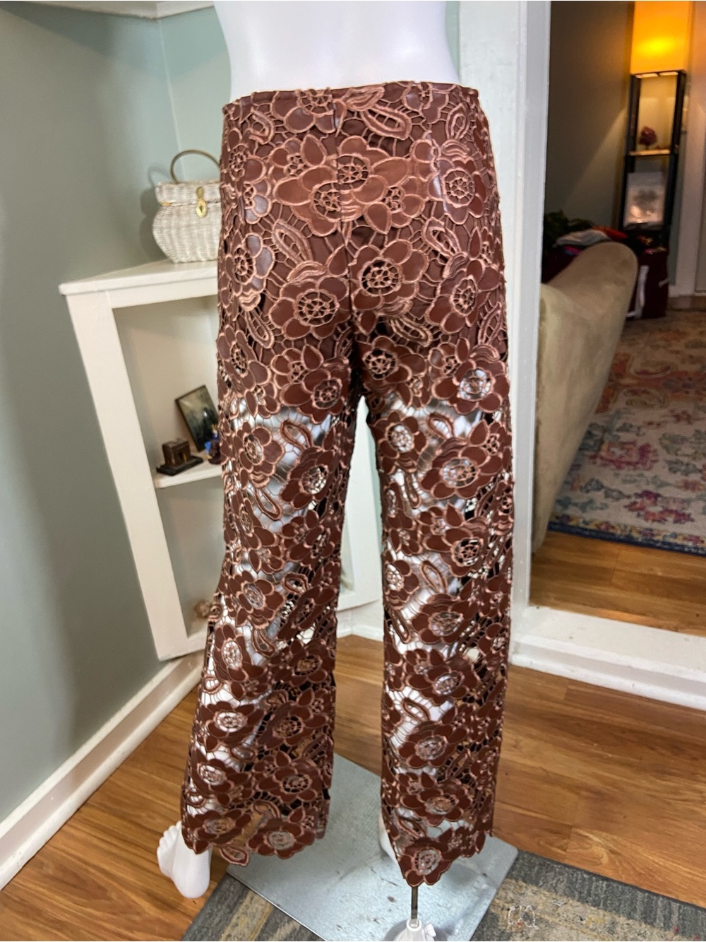 Anthropologie Faux Leather Lace Brown Floral Pants Sheer Embroidered Size 4 [CH] - Picture 5 of 13